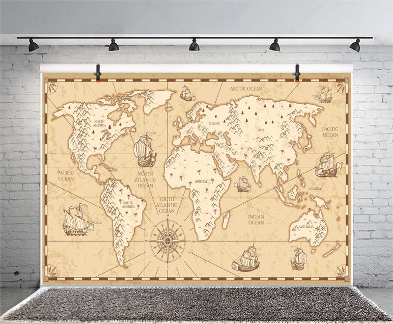 AOFOTO 5X3ft Ancient World Map Backdrop Military Nautical Theme Vinyl Photography Background Sailling Boats Compass Mainand Ocean Video Backdrops Displays TV Film Production Wallpaper Studio Props - Image 4